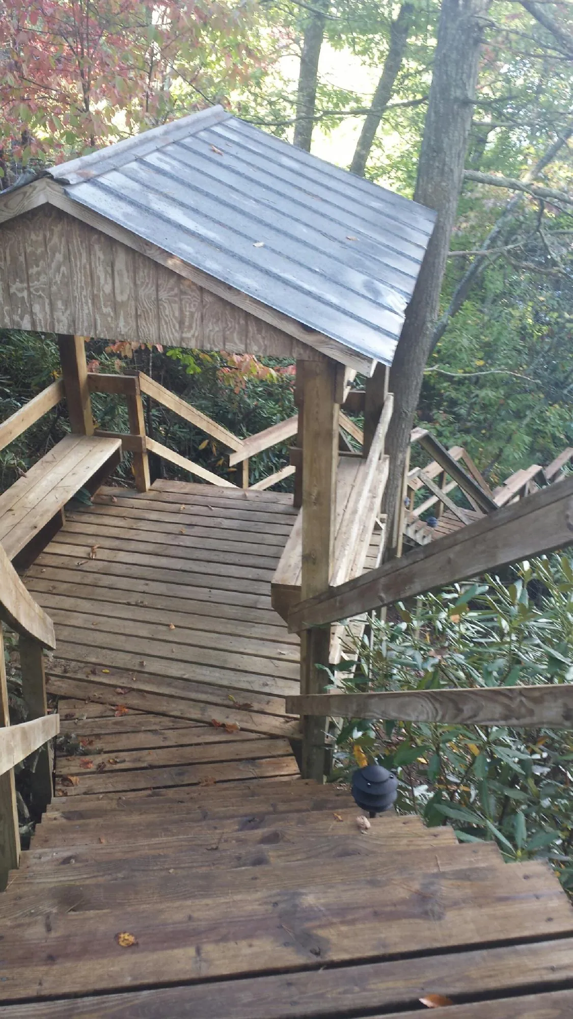 Metal roofed shelter over wooden steps on a wooded walkway — Skylight Repair & Installation work by our crew in Lengby